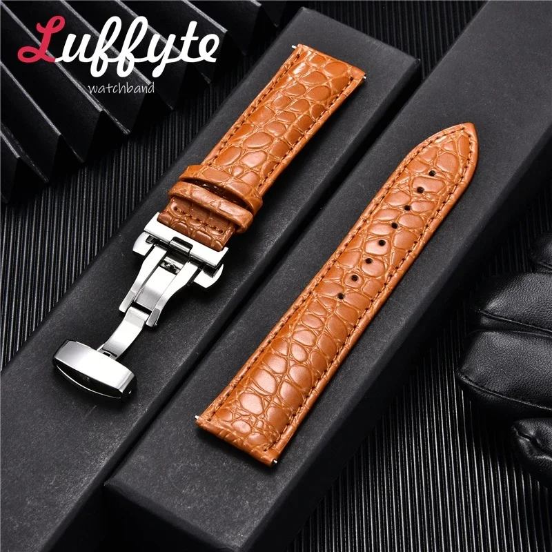 Crocodile Pattern Leather Watch Strap with Automatic Butterfly Clasp Men Leather Watch Band 18mm 20mm 22mm 24mm Straps