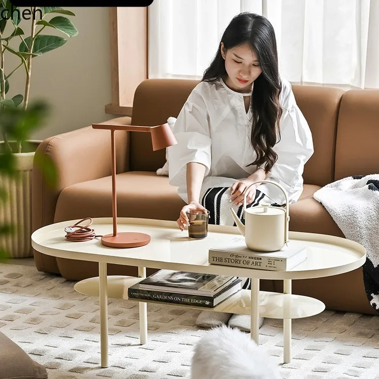 CZ Small Apartment Coffee Table Modern Simple Living Room Tea Table Oval Double-layer Table