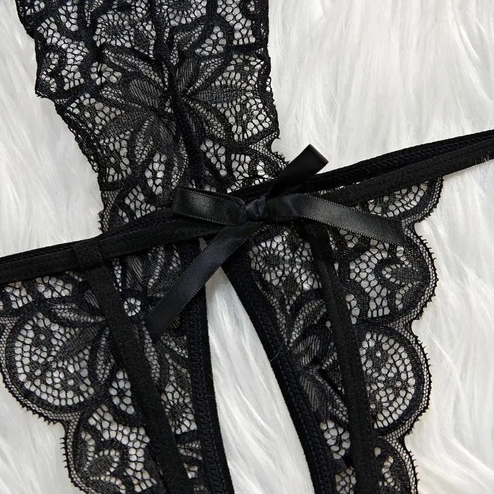

Fashion Deep V Neck Lace Bow Bodysuit Mesh Hollow Sleeveless Women Lingerie Transparent Jumpsuits Lace Sling Nightwear Home