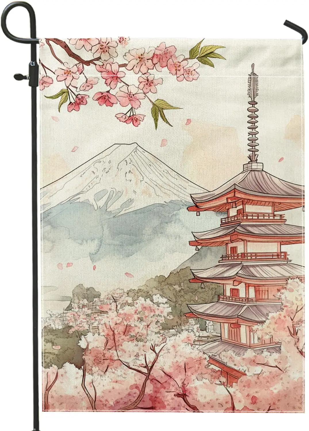 Cherry Flower Garden Flag, Peach Floral Pagoda Outdoor Decor Banner, Double Sided Burlap Spring Summer Lawn Decoration, Japa SSL