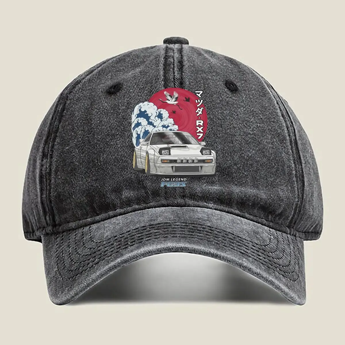 

Car - tuning - themed Graphic 'RX - 7' Car with Japanese Wave and Sun for Automotive - cultural Desi Washed Baseball Cap