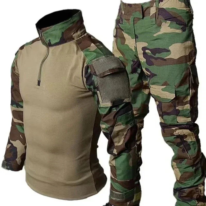 Camouflage Mens Combat Set Autumn Outdoors Hunting Suits Breathable Long Sleeve Tactics Tops+Multi Pocket Cargo Pants 2-pcs