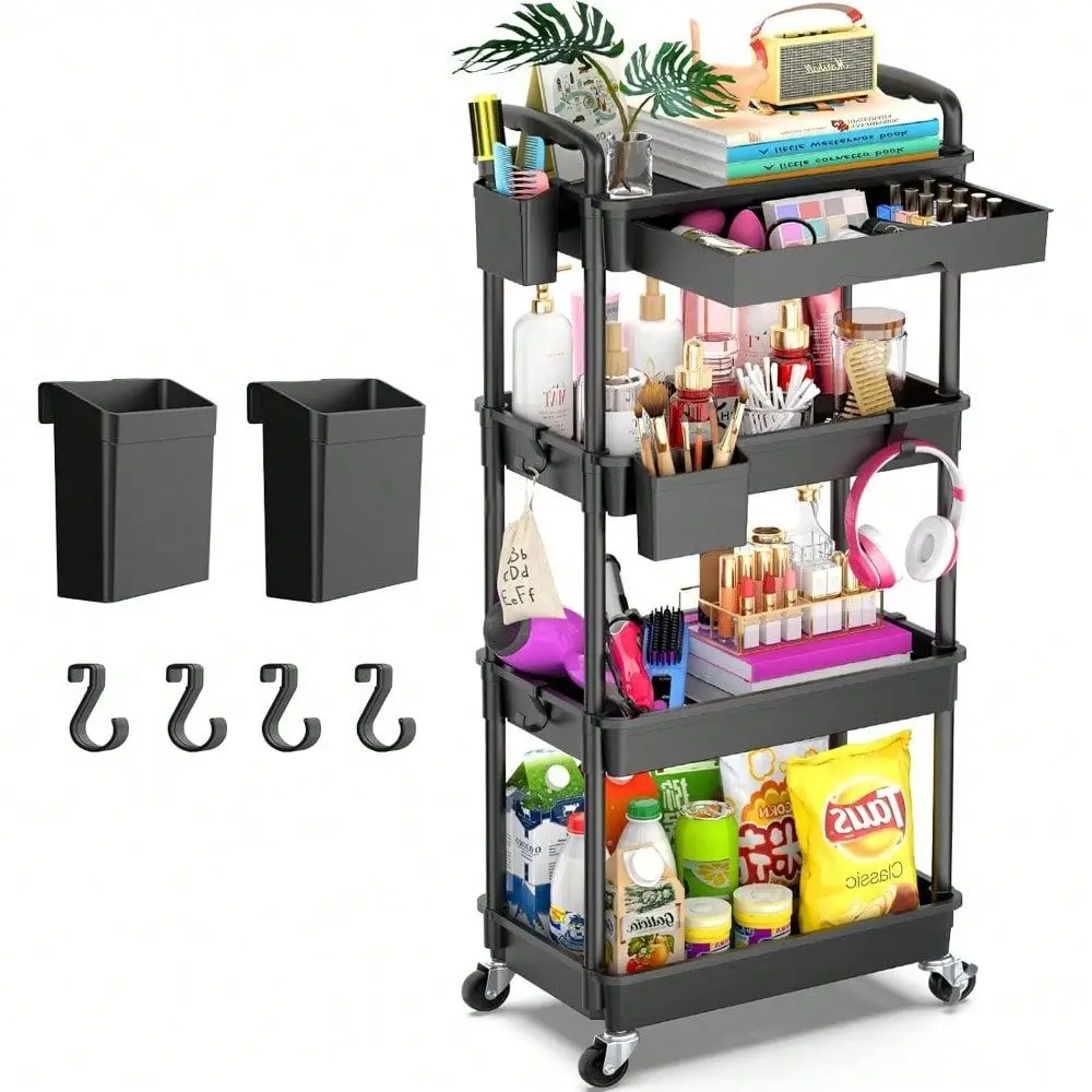 

4 Tier Rolling Utility Cart Organizer With Removable Drawer, Stable And Sturdy Blue Rolling Storage Carts With 2 Lockable Wheel