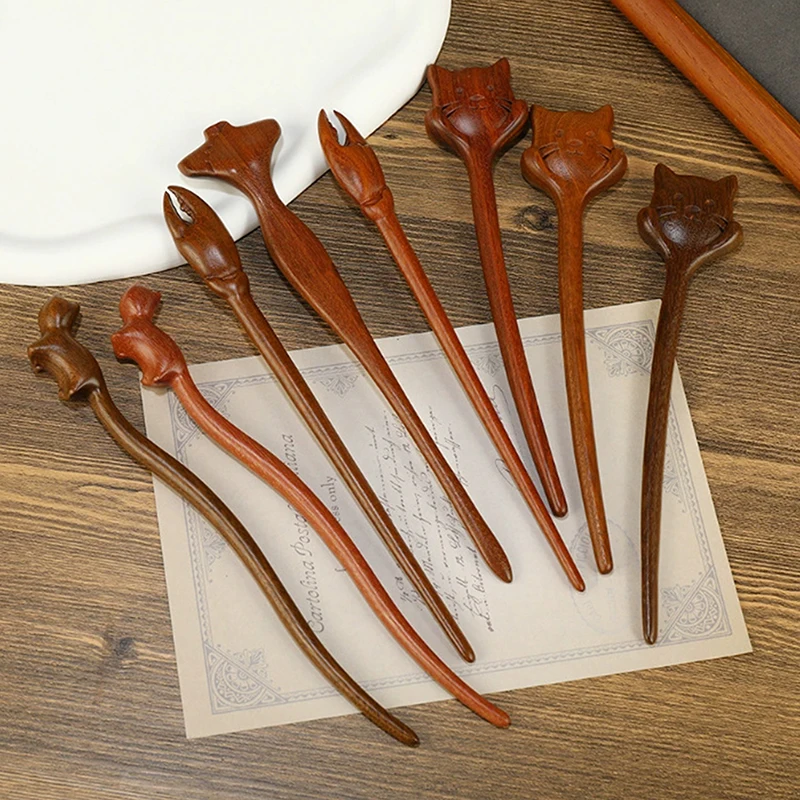 الصينية خشب الصندل الشعر العصي الشوك الرجعية نمط اليدوية منحوتة دبوس الشعر زهرة الحيوان تصاميم عيدان نمط النساء #4