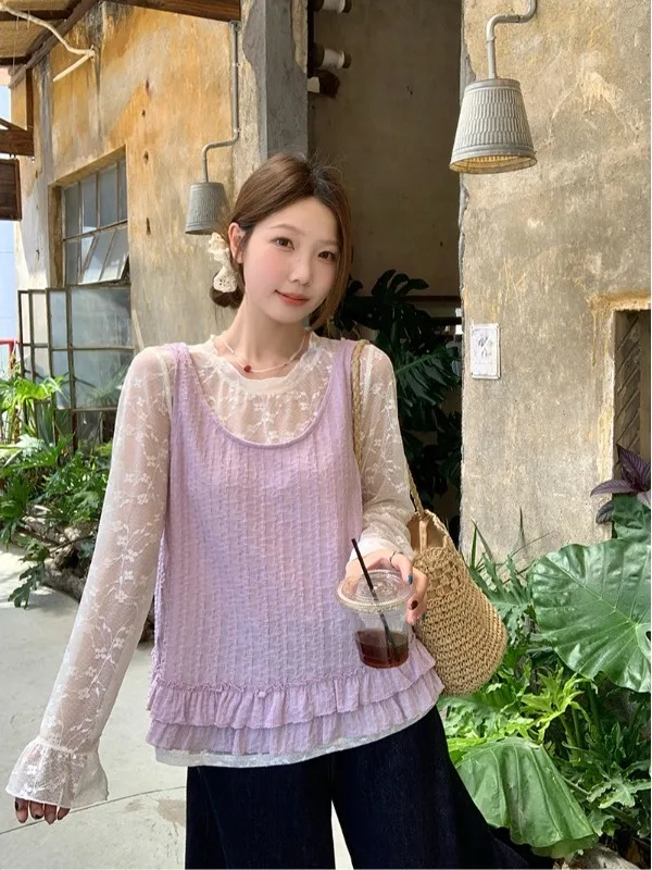 

Sweet Lace Layering Women's plus Size Set Fashionable Oversized Kimono Sleeve Top And Base Shirt Spring Summer Outfit