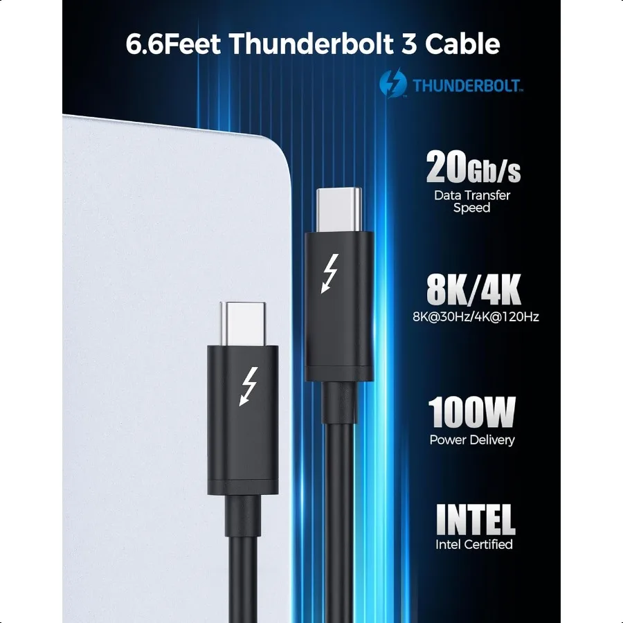 كابلات المهمات [معتمدة من Intel] كابل Thunderbolt 3 بسرعة 20 جيجابت في الثانية بطول 6.6 قدم منافذ كابل USBC Thunderbolt 100 وات شحن 8K فيديو وبيانات T