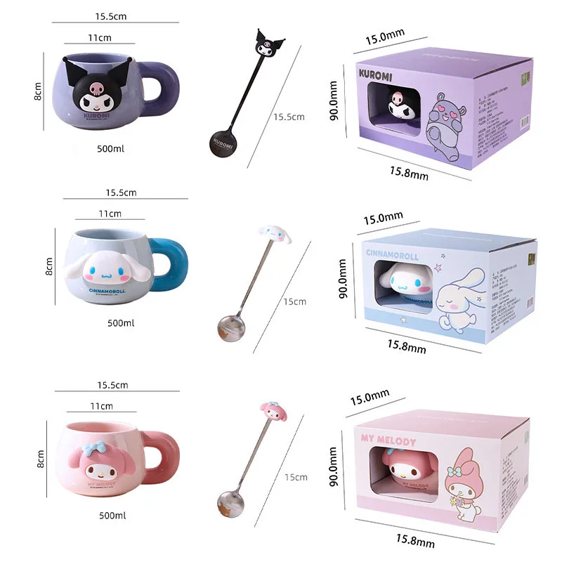 Sanrio Ceramic Mug My Melody Kuromi Cinnamoroll Anime Large Capacity Milk Cup With Spoon Mark Cup Lovers Coffee Cup Girl'S Gift