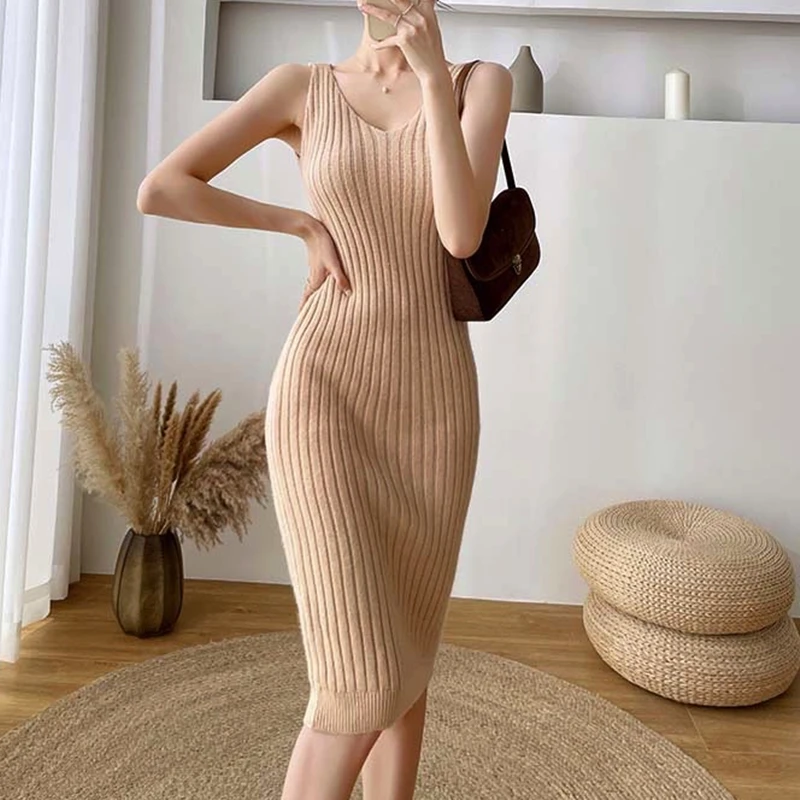 

Winter Women Slim V-Neck Dress Solid Tank Tops Skinny Pullover Dresses Ladies Stretchy Knitted Package Hip Vestidos Female