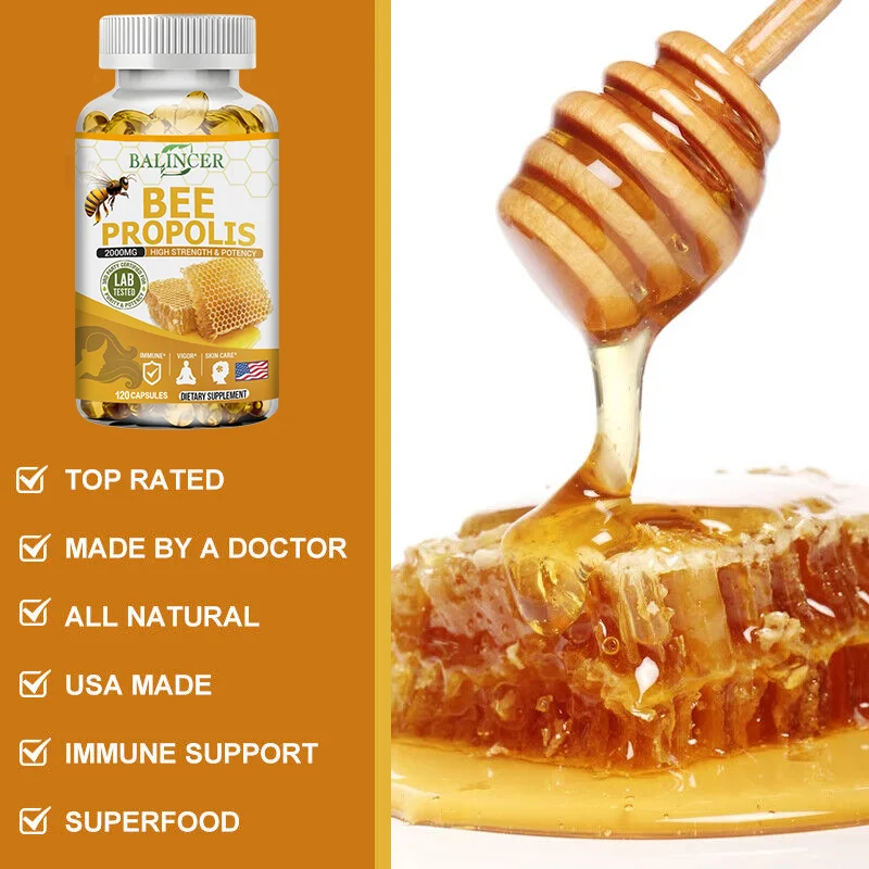 كبسولات BEE PROPOLIS - الطاقة، وظيفة المناعة، الهضم، امتصاص المغذيات، تعزز صحة البشرة بشكل عام