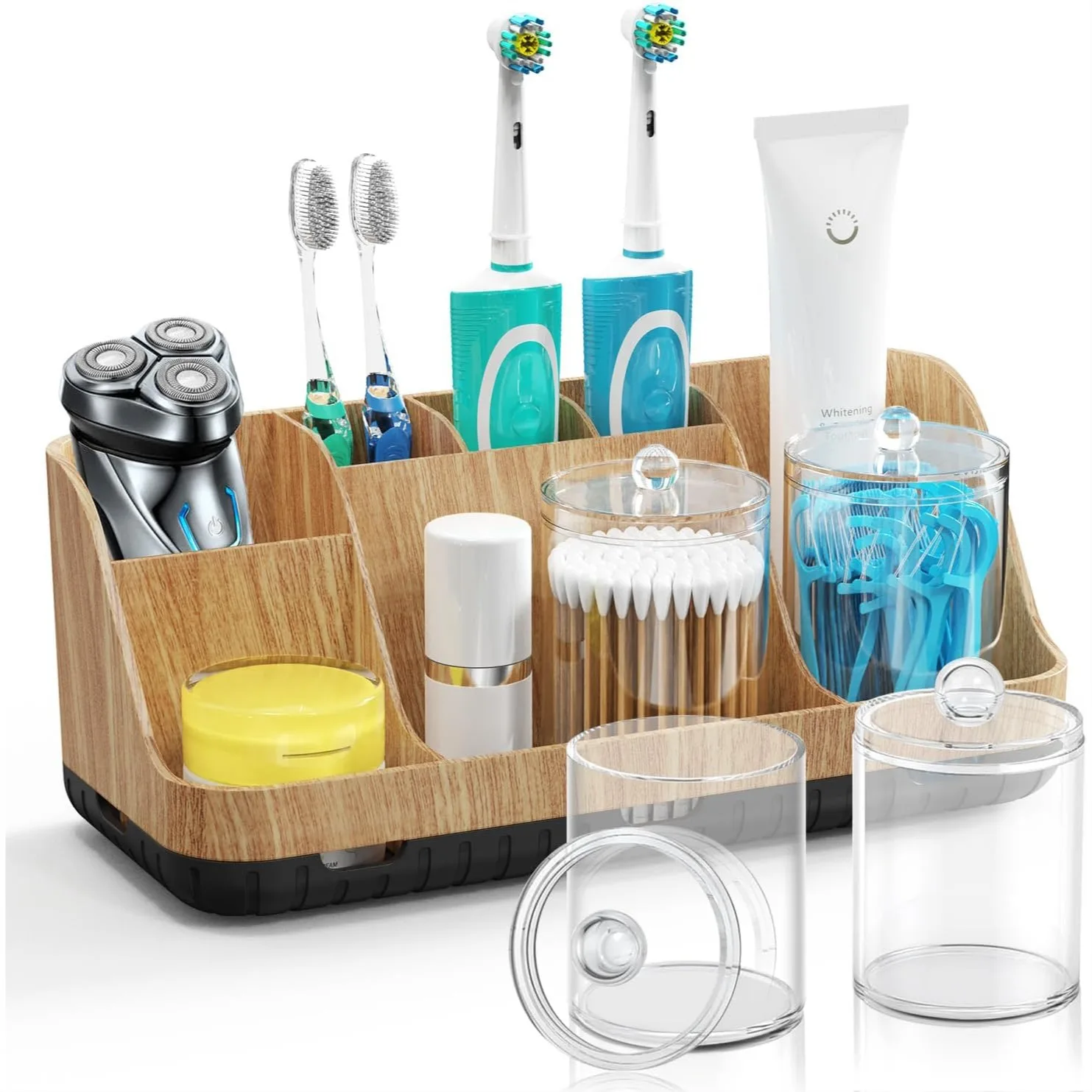 

Bathroom Toothbrush Holder Set with 2 Pack Qtip Holder Dispenser - 7 Slots Kids Bathroom Accessories with Drainage, Anti-Slip