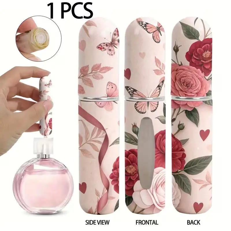 5ml Floral Perfume Spray Bottle, Refillable Travel Mini with Direct Fill Bottom, Pink