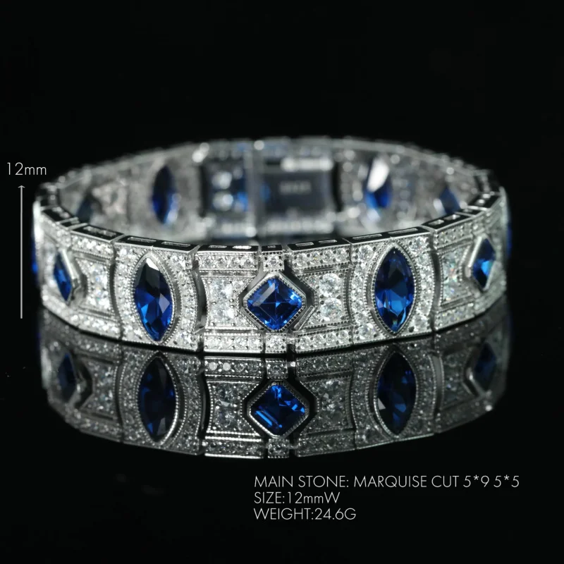 สร้อยข้อมือชุบทองเงิน 925 เพชรคาร์บอนสูง ROYAL BLUE Artdeco Art Deco สร้อยข้อมือโบราณตะวันตก