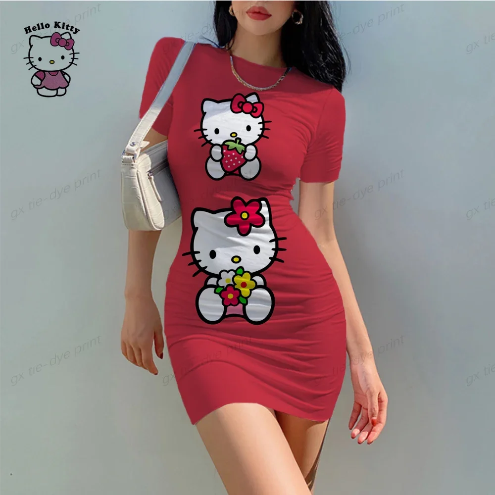 Hello Kitty Girl Dress Summer Cartoon Print Mini Casual Kid/Adult Short Sleeve Evening Dress Party Beach Birthday Dress