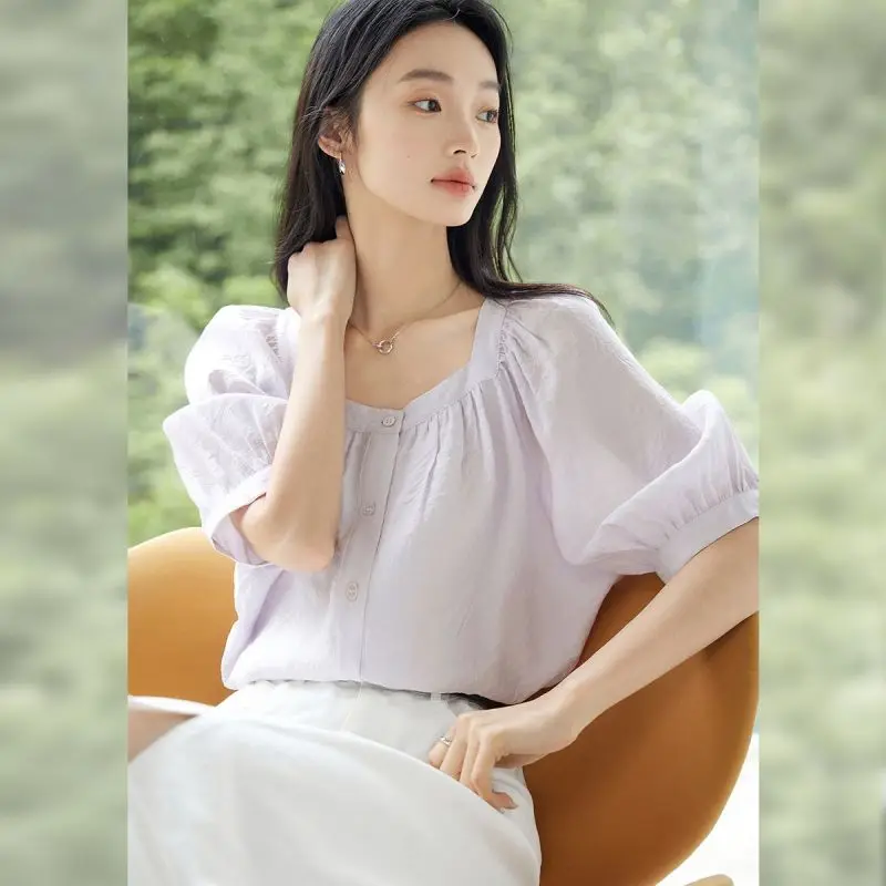 Women Summer French Temperament Loose Pleated Solid Color Square Collar Short Sleeve Shirts Ladies Casual Office Lady Trend Tops