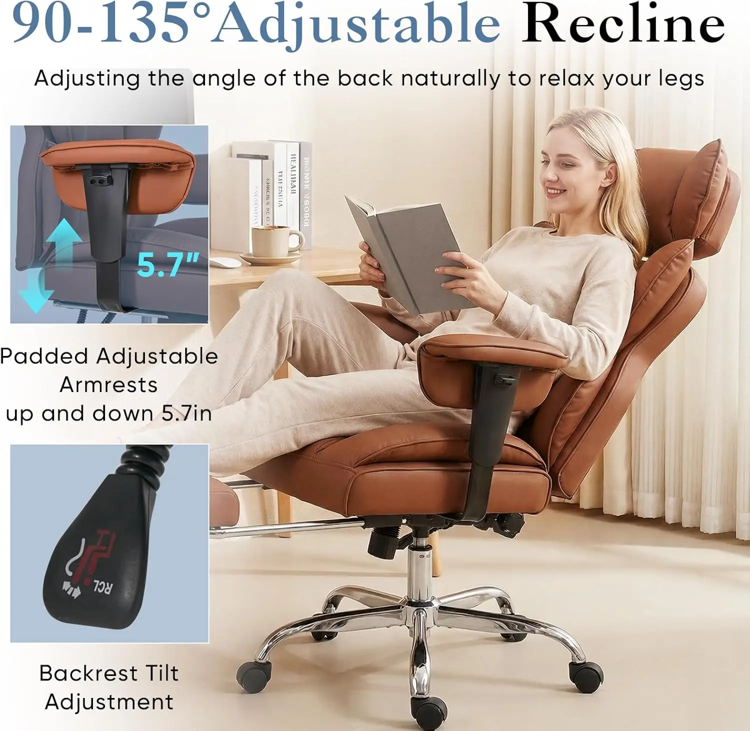 Ergonomic Office Chair with Footrest, High Back Reclining, Adjustable Armrests, Lumbar Support, PU Leather, Brown view 4