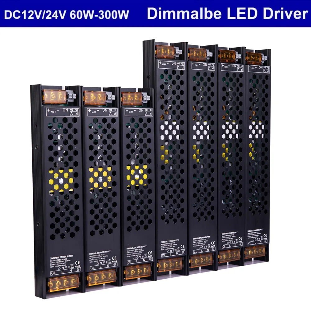 DC12V/24V 60W 100W 150W 200W 250W 300W Dimmable LED Driver Aluminum Triac & 0-10V Dimming Power Supply Lighting Transformer