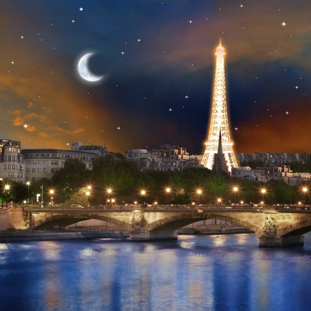 

Paris Bright Gold Eiffel Tower Crescent Moon River Star backdrops computer print wall Photography Studio Backgrounds