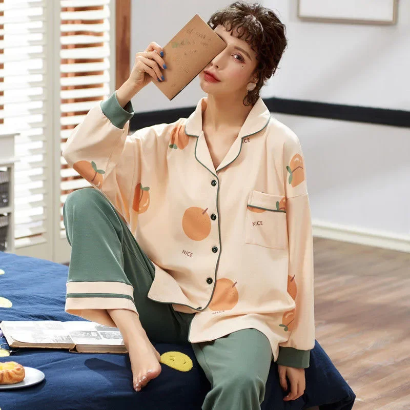 

Пижамный комплект с длинными рукавами, женская ночная рубашка с мультяшным принтом, свободные однобортные пижамы и брюки M-3XL, осенняя милая домашняя одежда для отдыха