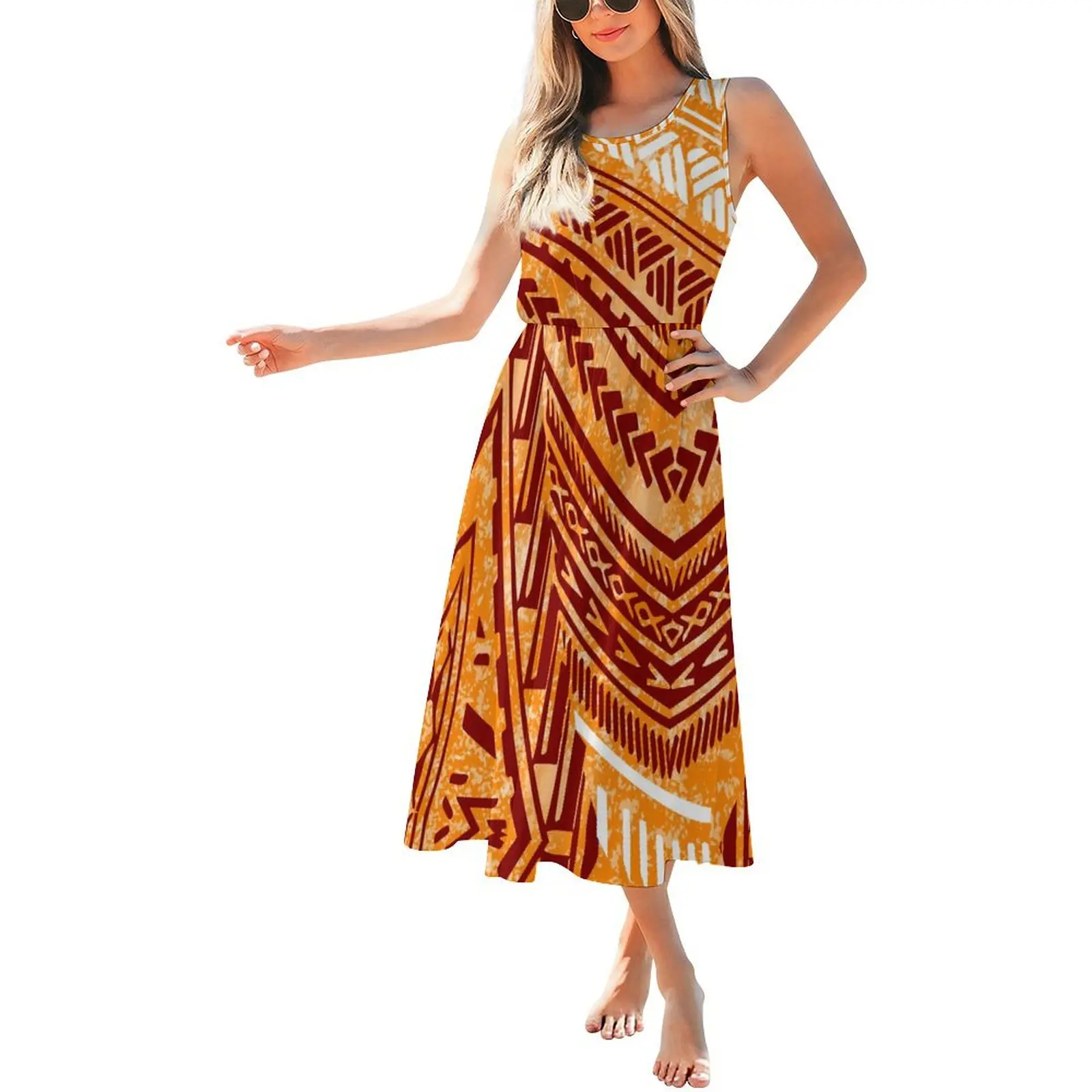 حار بيع شعار مخصص سيدة الصيف حزب اللباس هاواي طباعة تصميم المرأة س الرقبة أكمام فستان طويل فساتين الجزيرة عارضة #4