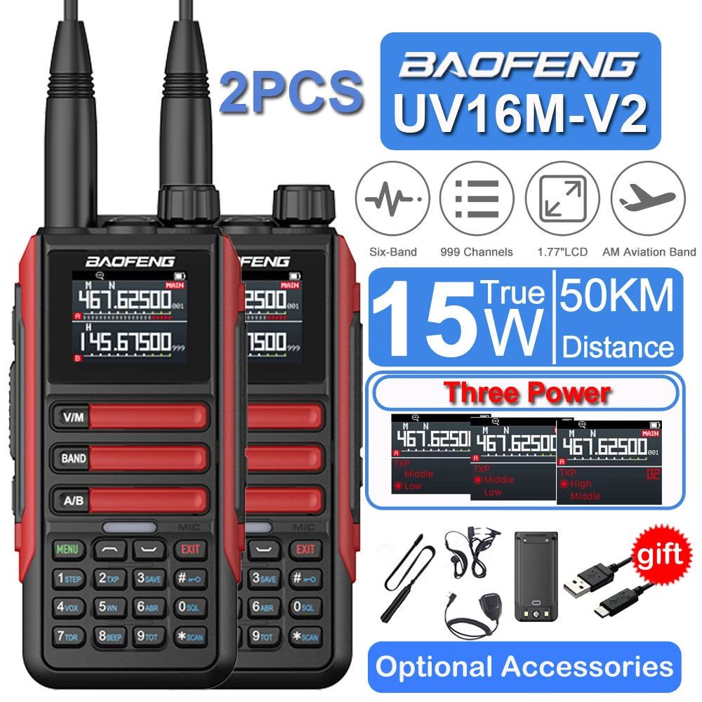 

2Pack Baofeng UV16M 15W 50KM Waterproof Walkie Talkie 999CH AM FM 2-Way Radio Full Band LCD Screen Frequency Copy Noise Reduce
