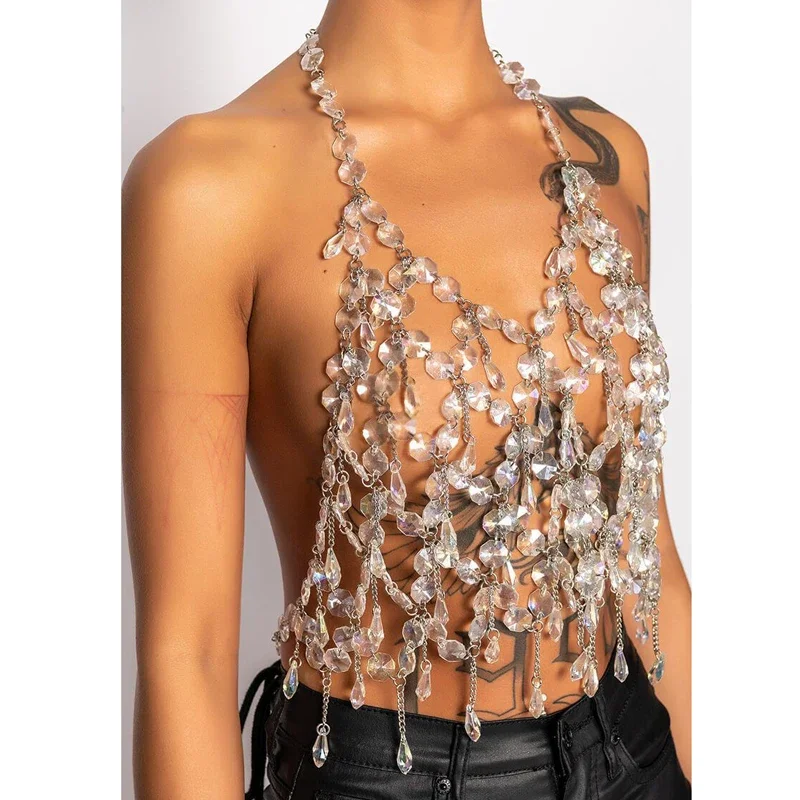 Sparkling Clear Crystals Women's Hollow Out Tank Top Backless V Neck Shiny Fashion Top for Night Club Festival Party and Summer