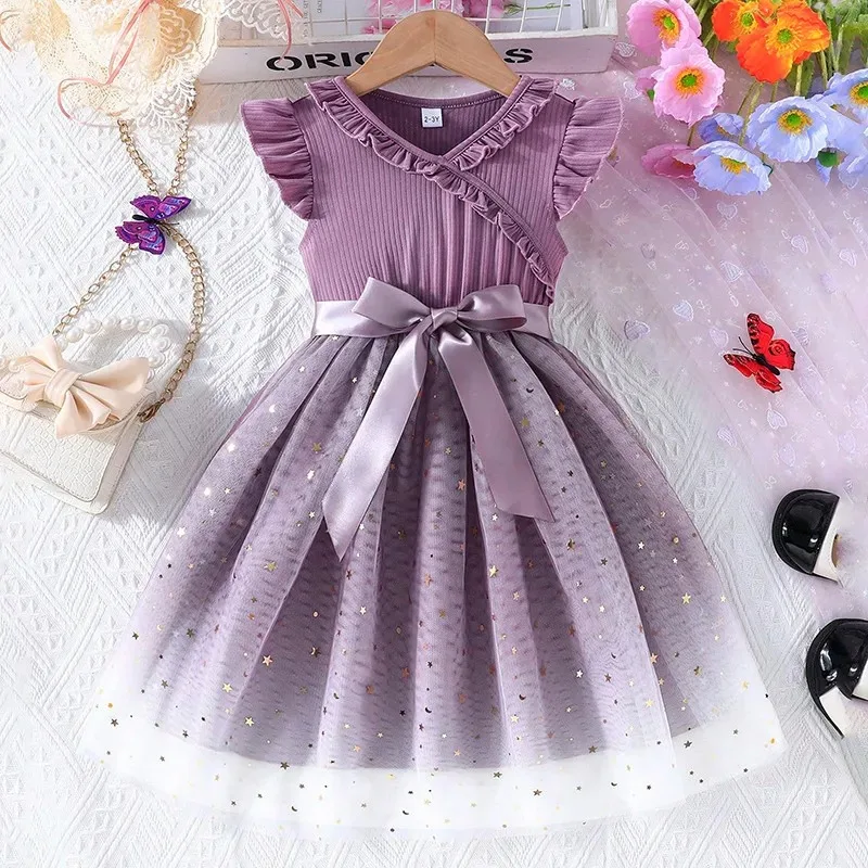

New Children's Dress for 3-8 Yrs Summer Dress Lotus Leaf Edge Design Bow Lace Up Star Sequin Sweet Tulle Kids Dresses for Girls