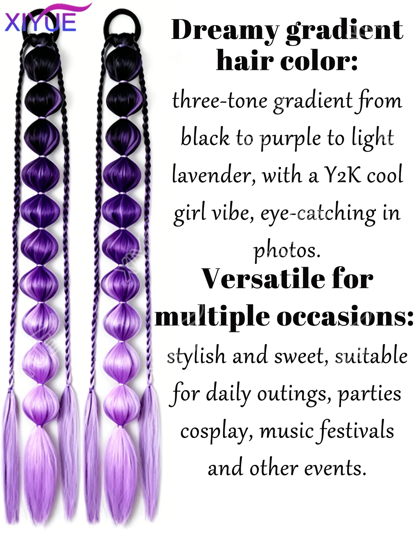 2PCS purple Synthetic Bubble Ponytail Extensions 24inches Lightweight Braided Hair Festival Rave Accessories for Girl Crazy
