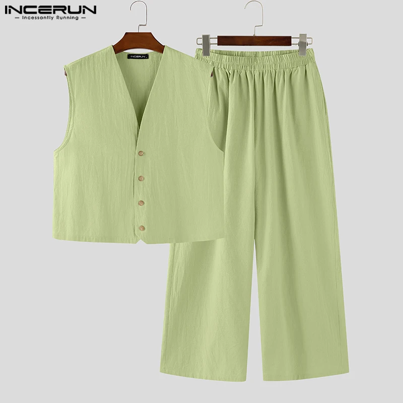 Incerun conjuntos masculinos cor sólida com decote em v sem mangas coletes e calças conjuntos de duas peças streetwear 2025 solto moda masculina ternos casuais