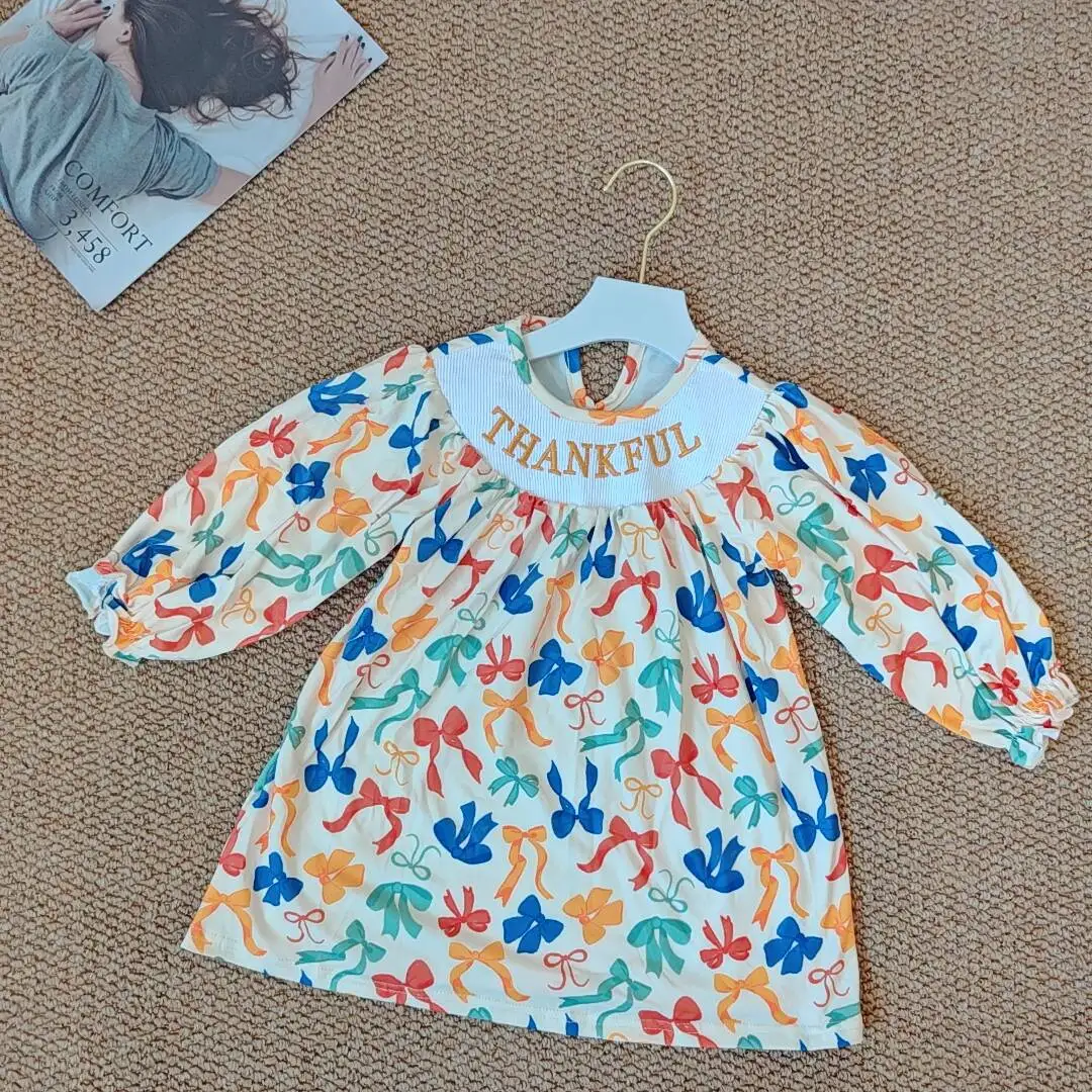

9.26 Baby Girls Winter Dresses Smocked Embroidery Baby Girls Thanksgiving Thankful Colorful Bows Knee Length Dresses