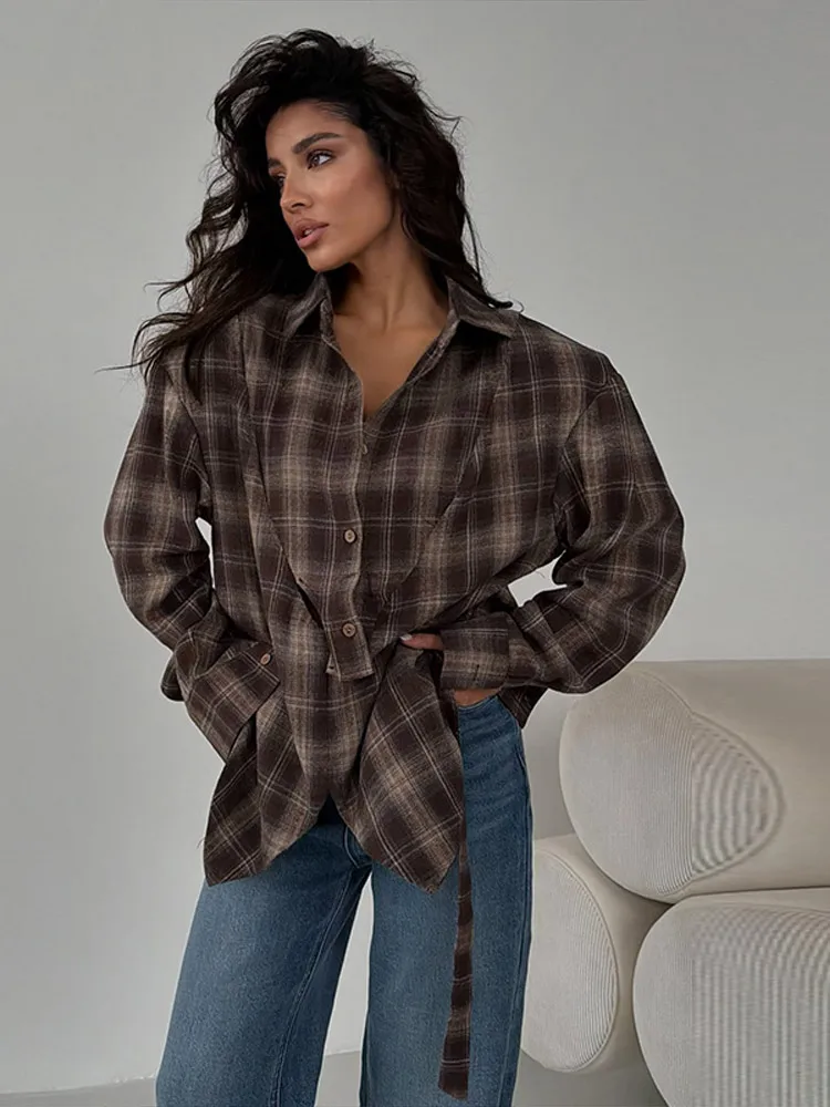 

Womens Plaid Long Sleeve Shirt Lace Up Waist Cinching Button Front Lapel Neck Top Casual Outing Wear Spring Daily Lady