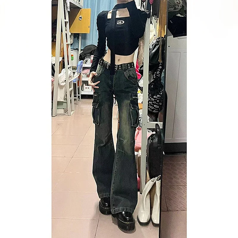 

Брюки-карго с низкой талией и карманами в стиле панк, женские американские винтажные потертые джинсы, осенняя мода, широкие брюки в стиле хип-хоп с отделкой на молнии