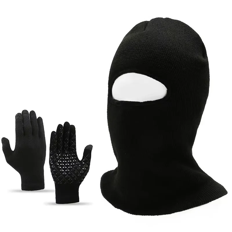 الشتاء محبوك قبعة الرجال في الهواء الطلق الدراجات عارية سميكة الدافئة قبعة قفازات العرقية العين الرقبة الحرس محبوك طقم قبعات