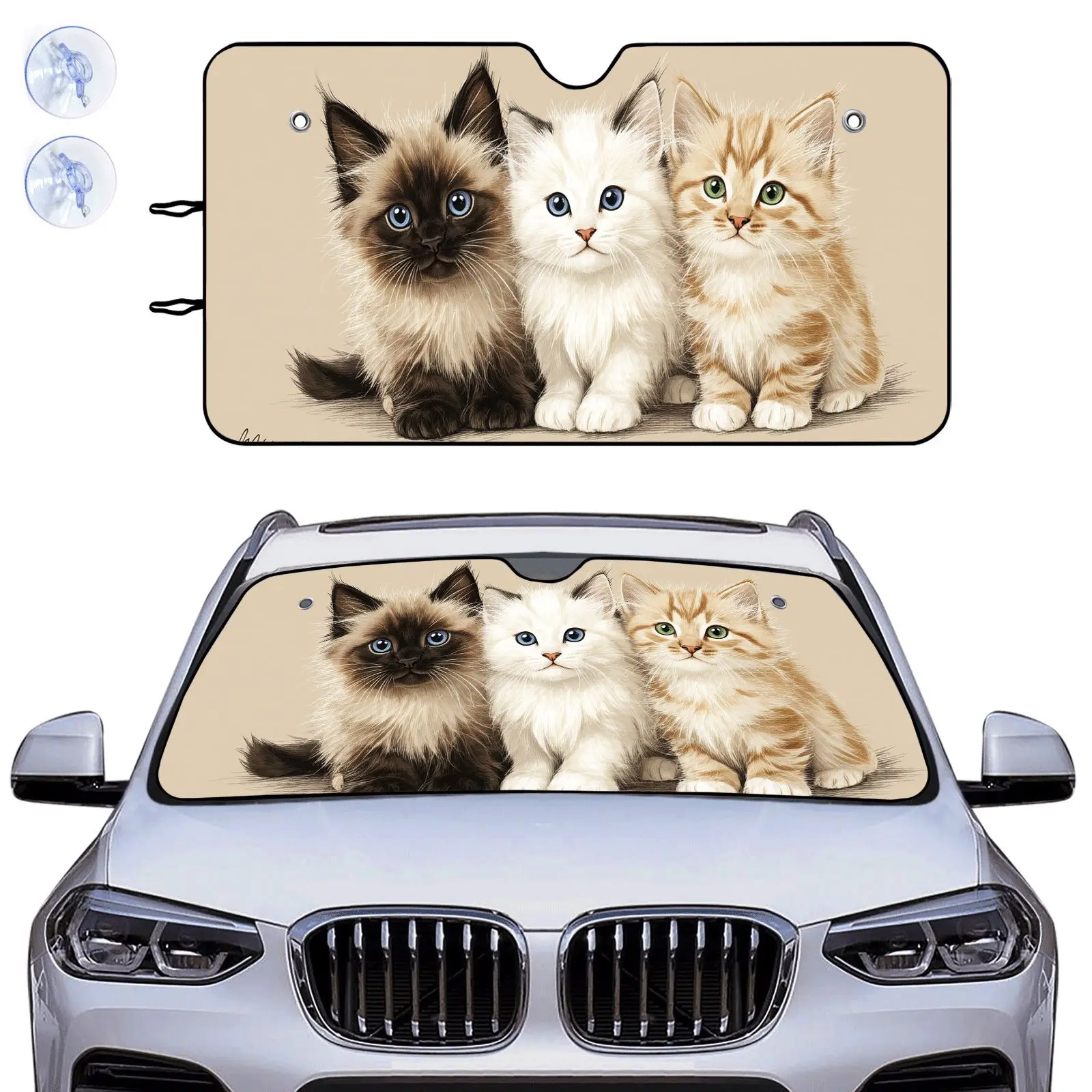 Car Windshield Sun Shade With Three Cute Kittens Print Beige Color For Car Interior Protection And Sunlight Blocking, Birthday G