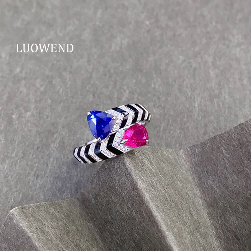 LUOWEND 100% 18K White Gold Rings Women Fashion Puck Style Shiny Diamond Natural Sapphire&Ruby Ring High Gemstone Jewelry