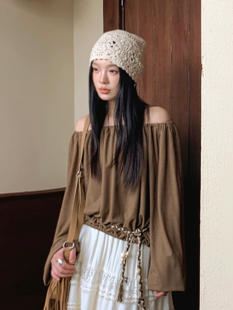 

Ele Long Sve Women's irt with Waist Cord BORAN Design Korean Sle Loose Fit Breathable Polyester Fiber Thin Model