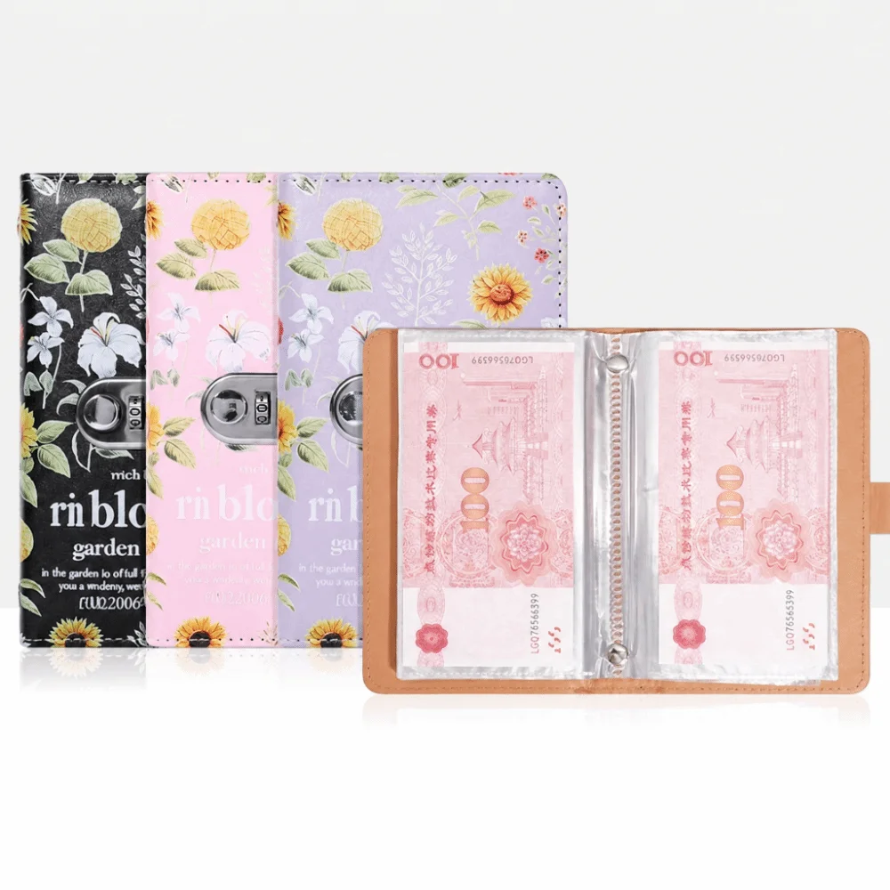 Sunflower Print Cash Saving Binder with Password Lock Double-sided Money Organizer Wallet Large Capacity Budget Planner
