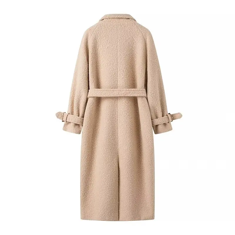 Belt Wool Blend Long Coat Women 2024 Winter Elegant Lapel Long Sleeve Button Jacket Female Fashion Office Lady Trench Coats