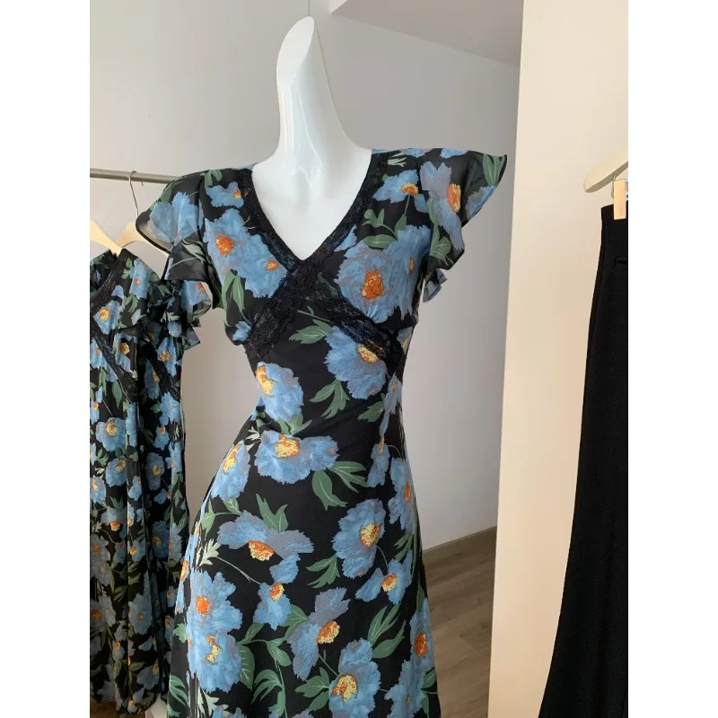 Elegante Süße V-ausschnitt Lange Chiffon Kleid Frauen 2025, Sommer Spitze Patchwork Slim Fit Midi Sommerkleid Weibliche Frau Kleidung