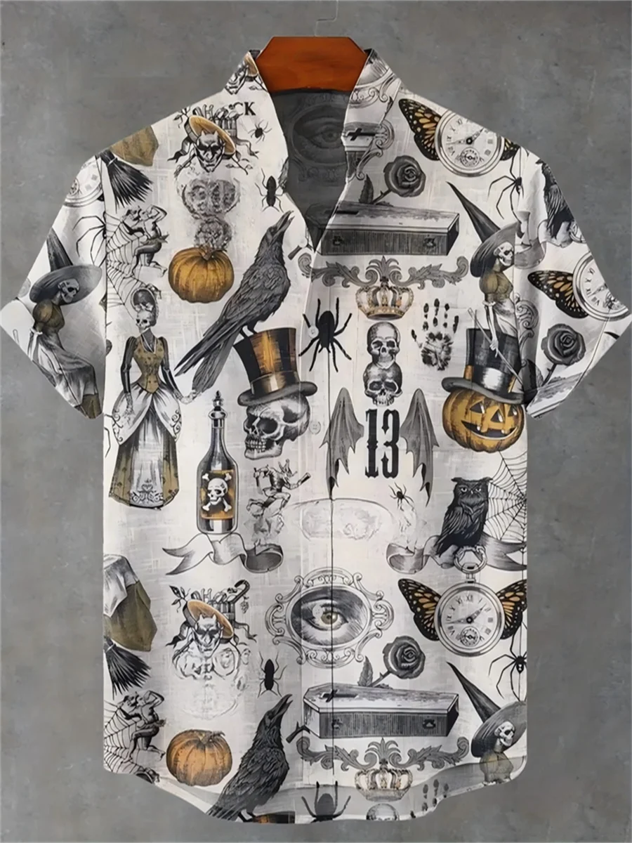 

Skull pattern print, men's fashionable short sleeved shirt, loose top, outdoor street, casual and comfortable