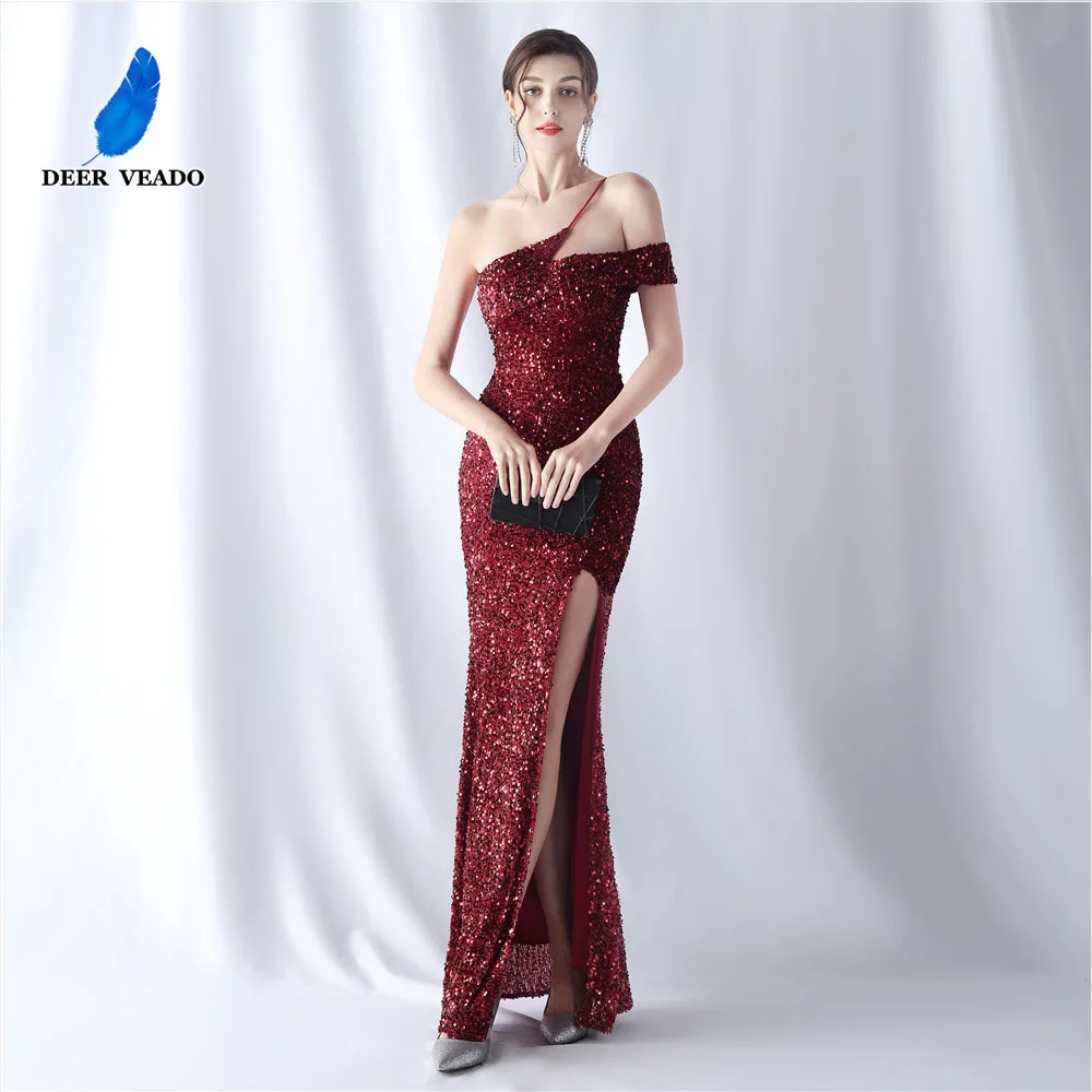 

DEERVEADO Women's One Shoulder Strap Evening Dresses Sexy Slit Prom Party Maxi Dresses Sequins Formal Dress Gala Gowns