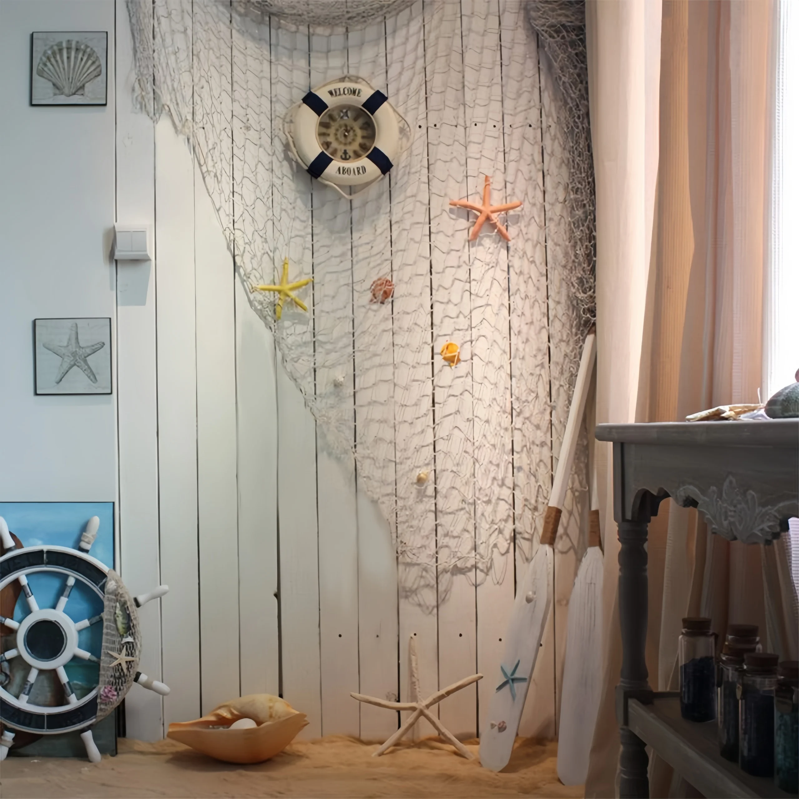 Fischnetz-Wanddekoration mit Muscheln - Dekoratives Fischernetz im nautischen mediterranen Stil aus Baumwolle zum Aufhängen von Fotos – Detail 2
