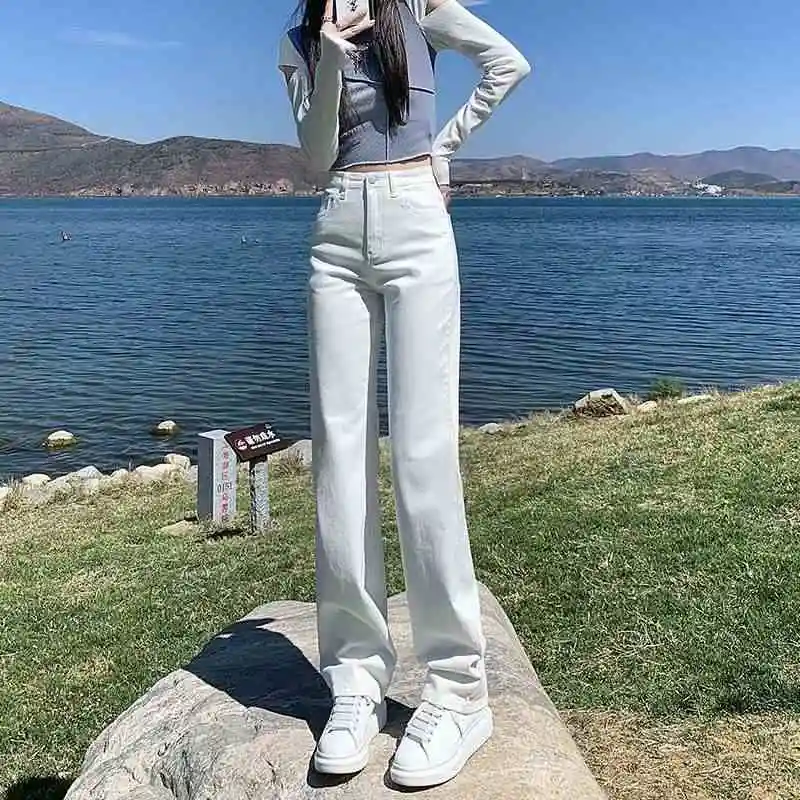 

Spring High Waist Straight Leg White Jeans Women's Cleanfit Sle mid Stretch High Elastici PU Fabric Straight Tube Jeans