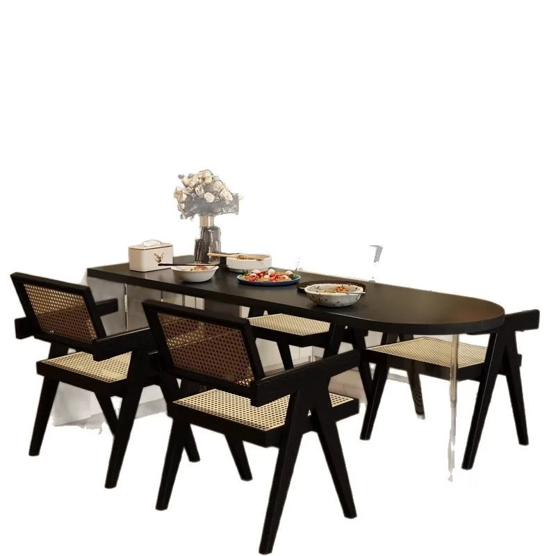 Small apartment solid wood dining table and chair combination table, household black semi-curved oval dining table