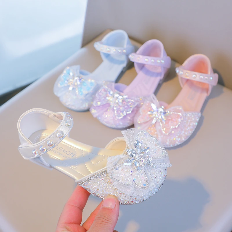 

Girls Glitter Princess Sandals with Bow-knot Fashion Children Crystal Mary Jane Shoes Kids Leather Shoes for Party Wedding