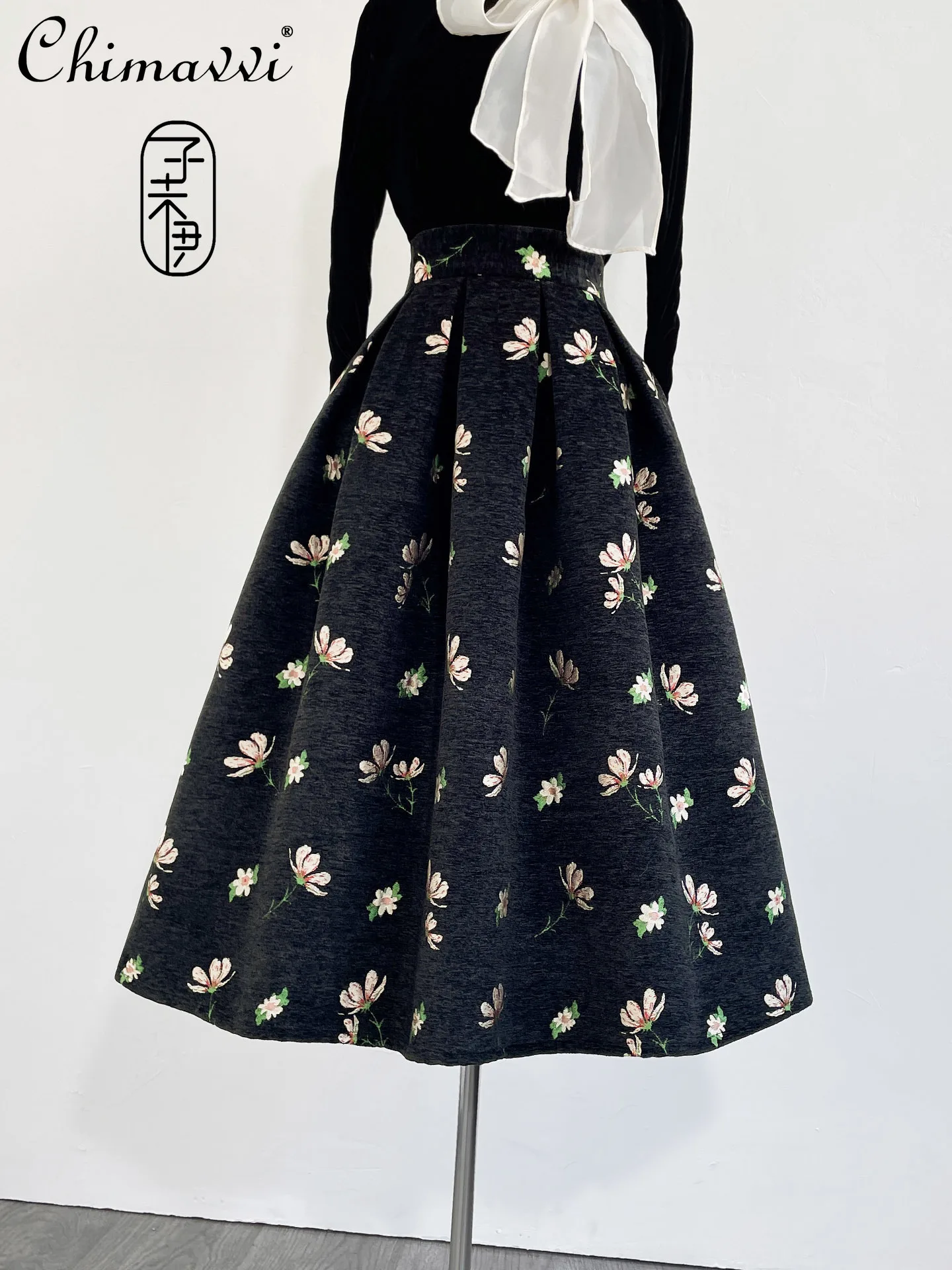 

Элегантная длинная юбка трапециевидной формы с высокой талией во французском стиле Хепберн в стиле ретро, универсальные плиссированные юбки с вышитыми цветами для женщин, зима