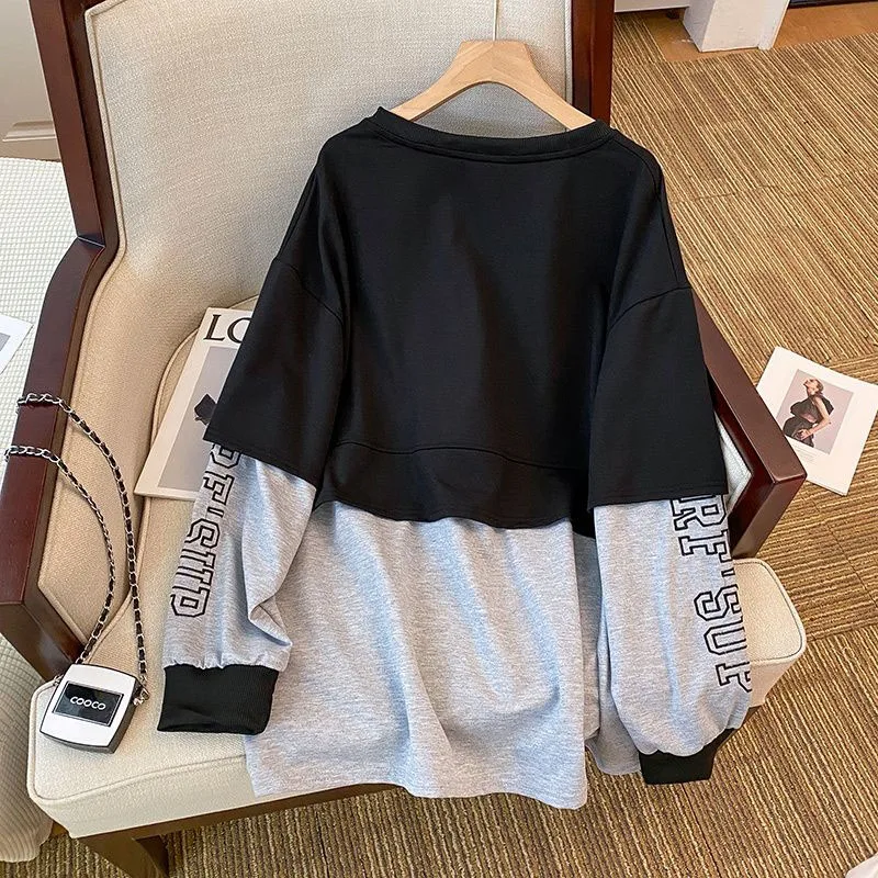 New Spring Fashion Design Sense Small and Fake Two Piece Spliced Round Neck Loose Large Size Versatile Slim Long Sleeve Sweater