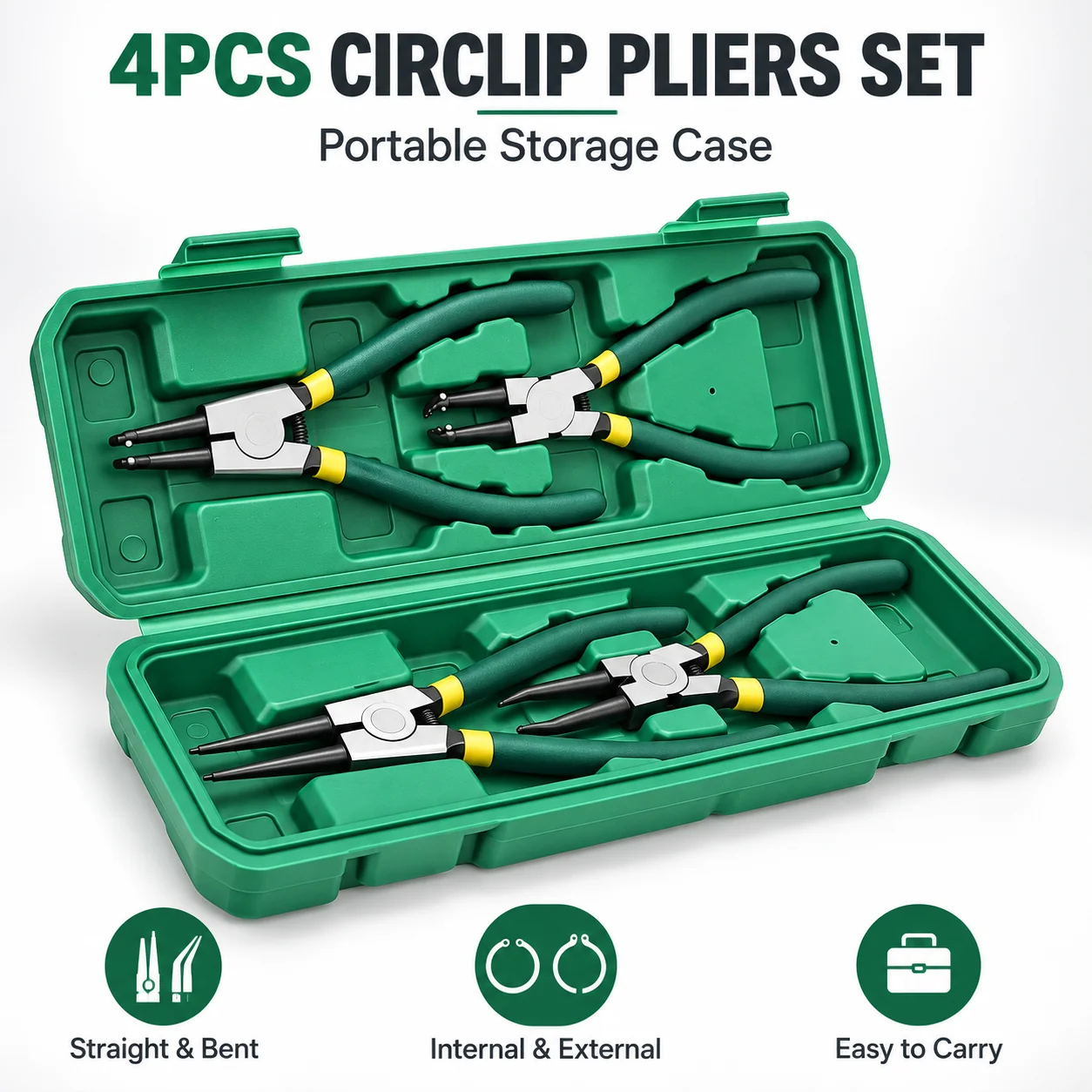 WXCOO Snap Ring Pliers Set 4 Pieces 7 Inch Internal External Straight Bent Jaw Circlip Remover Tool Non Slip for Bearing Shaft