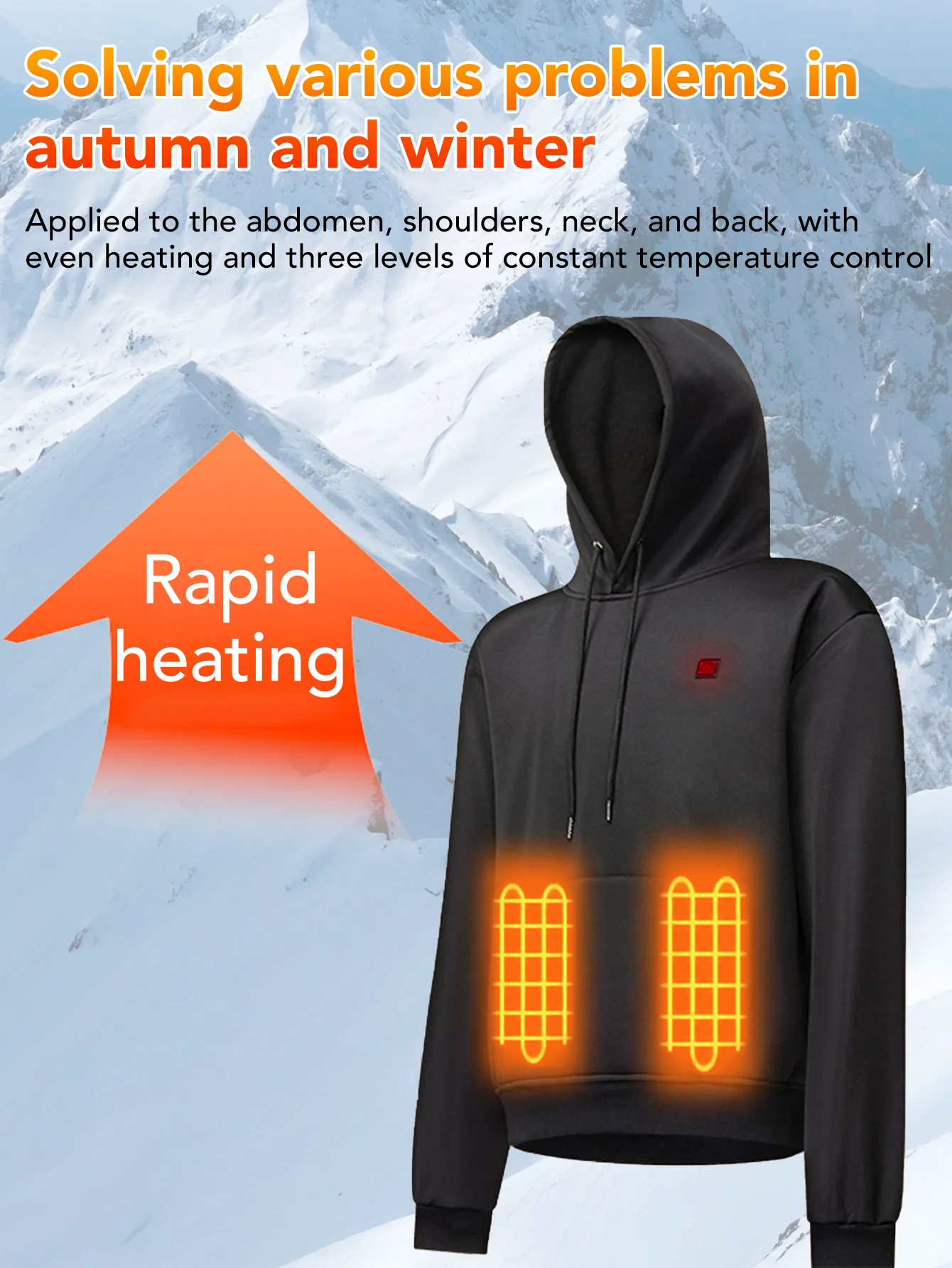 هوديي ساخن، سترة كهربائية، هوديي بقلنسوة، تنظيم درجة الحرارة 3 مستويات، موضة الشتاء، الدفء، المشي لمسافات طويلة في الهواء الطلق، الصيد،