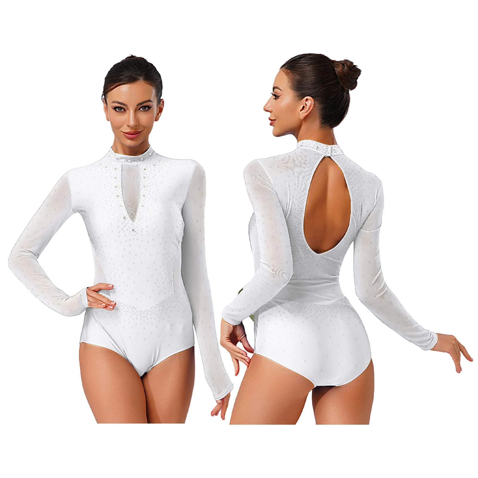 Vrouwen Gymnastiek Kunstschaatsen Maillots Dans Atletische Jumpsuit Lange Mouw Sheer Mesh Patchwork Steentjes Body Dancewear