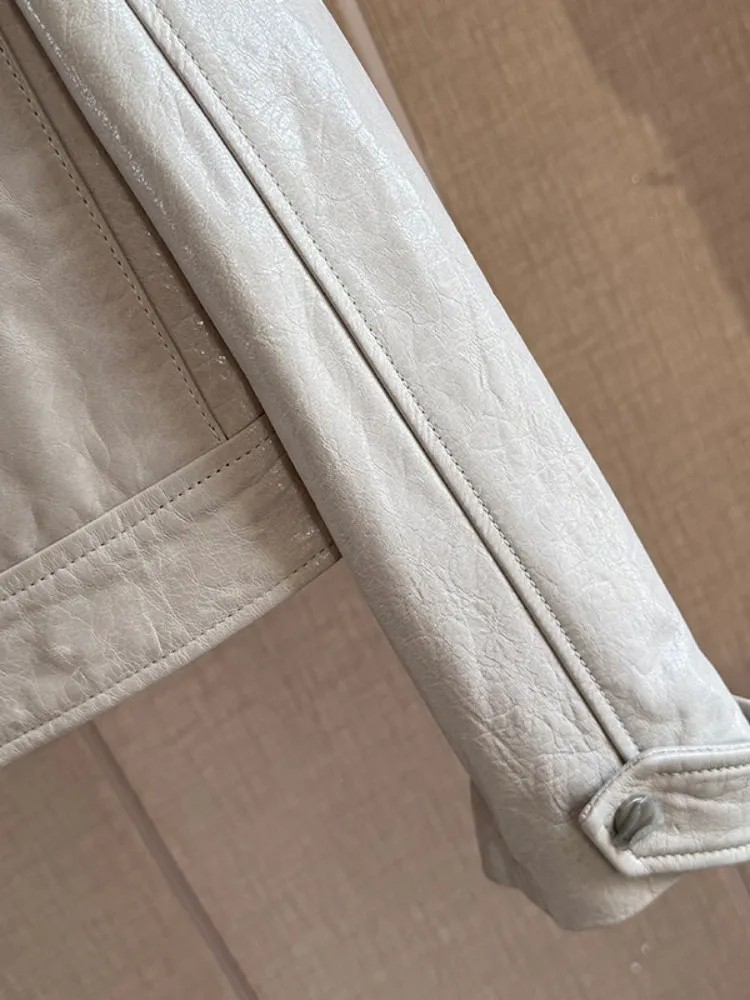 Giacca corta da donna in vera pelle moda colletto couverture tasca vera pelle di pecora ufficio signora moto cappotto in cera d'olio capispalla